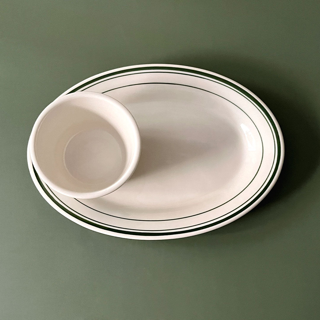 Green Banded Handpainted Ceramic Oval Platter, 10.5"