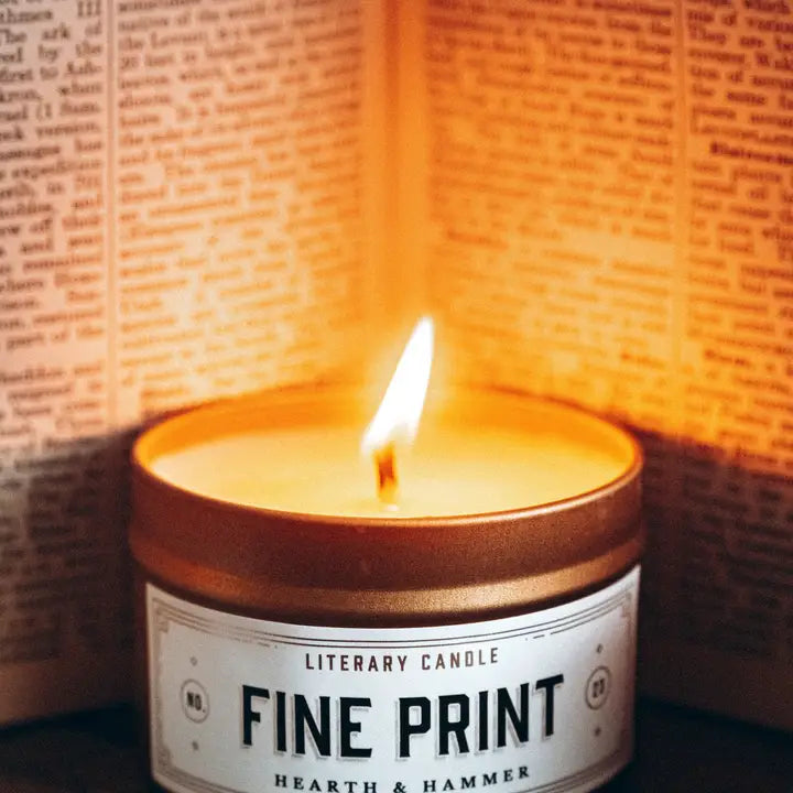 Fine Print Travel Tin Literary Candle 4oz | Book Candle